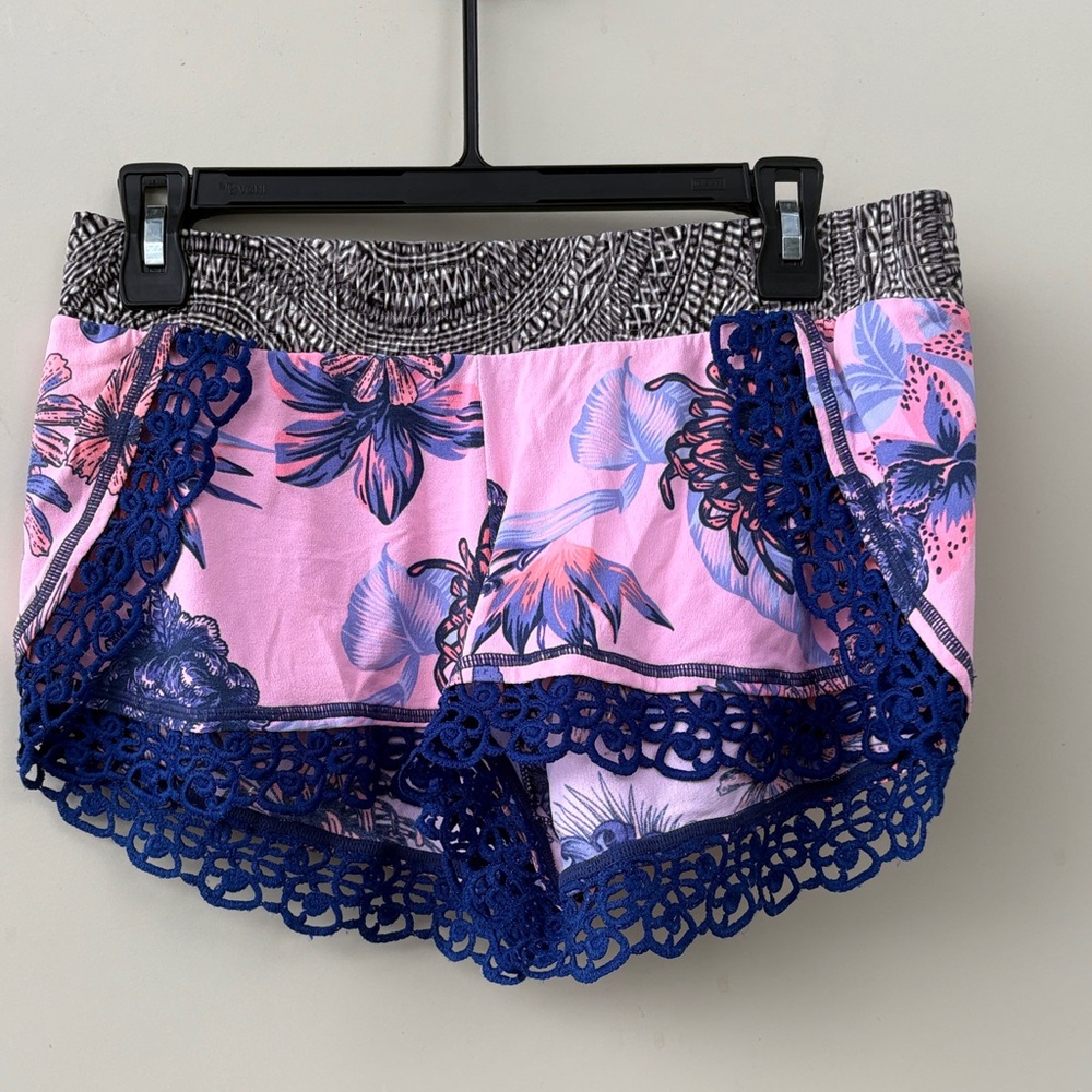 Cacique Pink Floral Sleep Shorts with Navy Crochet Trim